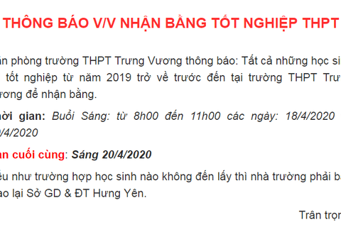 THÔNG BÁO V/V NHẬN BẰNG TỐT NGHIỆP THPT