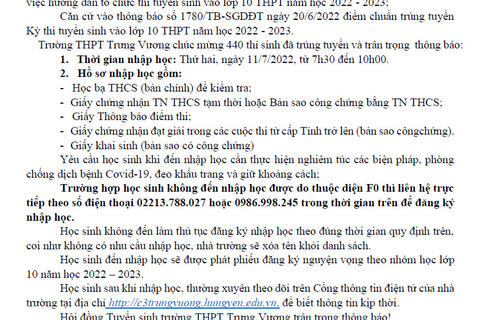 THÔNG BÁO NHẬP HỌC LỚP 10 TRƯỜNG THPT TRƯNG VƯƠNG NĂM HỌC 2022 - 2023