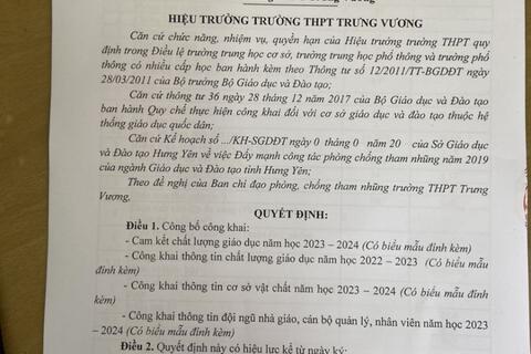 Quyết định Số 118/QĐ-THP/TV V/v công bố công khai theo Thông tư 36 ngày 28 tháng 12 năm 2017 của Bộ Giáo dục và Đào tạo ban hành Quy chế thực hiện công khai đối với cơ sở giáo dục và đào tạo thuộc hệ thống giáo dục quốc dân của Trường THPT Trưng Vương