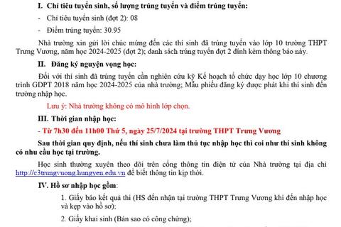 Thông báo nhập học lớp 10 năm học 2024-2025 (đợt 2)