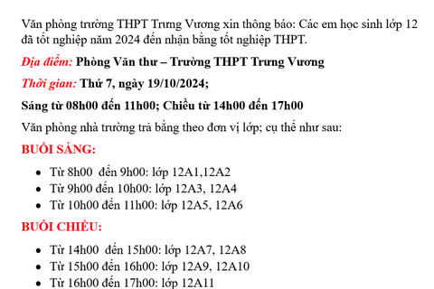 THÔNG BÁO V/V NHẬN BẰNG TỐT NGHIỆP THPT NĂM 2024