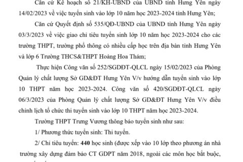 THPT TRƯNG VƯƠNG - THÔNG BÁO TUYỂN SINH VÀO LỚP 10 NĂM HỌC 2023-2024