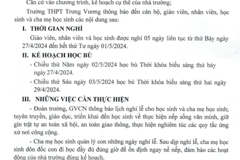 THÔNG BÁO SỐ 56/TB-THPTTV V/V NGHỈ LỄ NGÀY CHIẾN THẮNG 30/4 VÀ NGÀY QUỐC TẾ LAO ĐỘNG 01/5 NĂM 2024