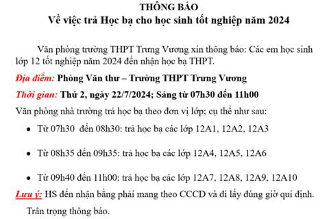 THÔNG BÁO VỀ VIỆC TRẢ HỌC BẠ CHO HỌC SINH TỐT NGHIỆP NĂM 2024