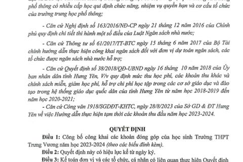 Quyết định số 131/QĐ-THPTTV v/v công bố công khai các khoản đóng góp của học sinh năm học 2023-2024