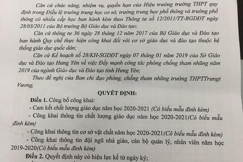 Quyết định về việc công bố công khai theo Thông tư 36 ngày 28 tháng 12 năm 2017 của Bộ GD&ĐT ban hành theo Quy chế thực hiện công khai đối với cơ sở giáo dục và đào tạo thuộc hệ thống giáo dục quốc dân của Trường THPT Trưng Vương