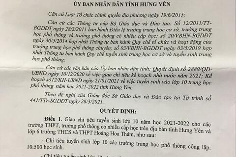 CHỈ TIÊU TUYỂN SINH LỚP 10 THPT HỆ CÔNG LẬP NĂM HỌC 2021-2022