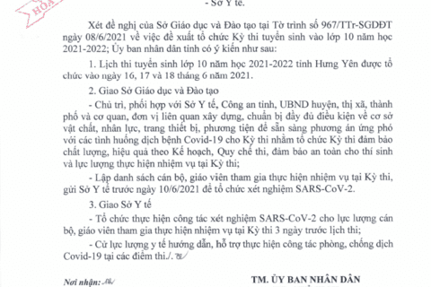 Cv 1185 của UBND tỉnh về lịch thi tuyển sinh vào lớp 10 THPT tỉnh Hưng Yên