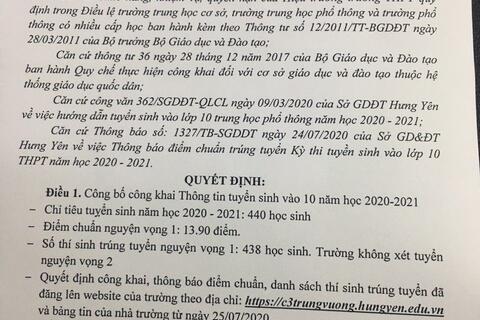Quyết định v/v công bố công khai thông tin tuyển sinh vào 10 năm học 2020-2021 của trường THPT Trưng Vương