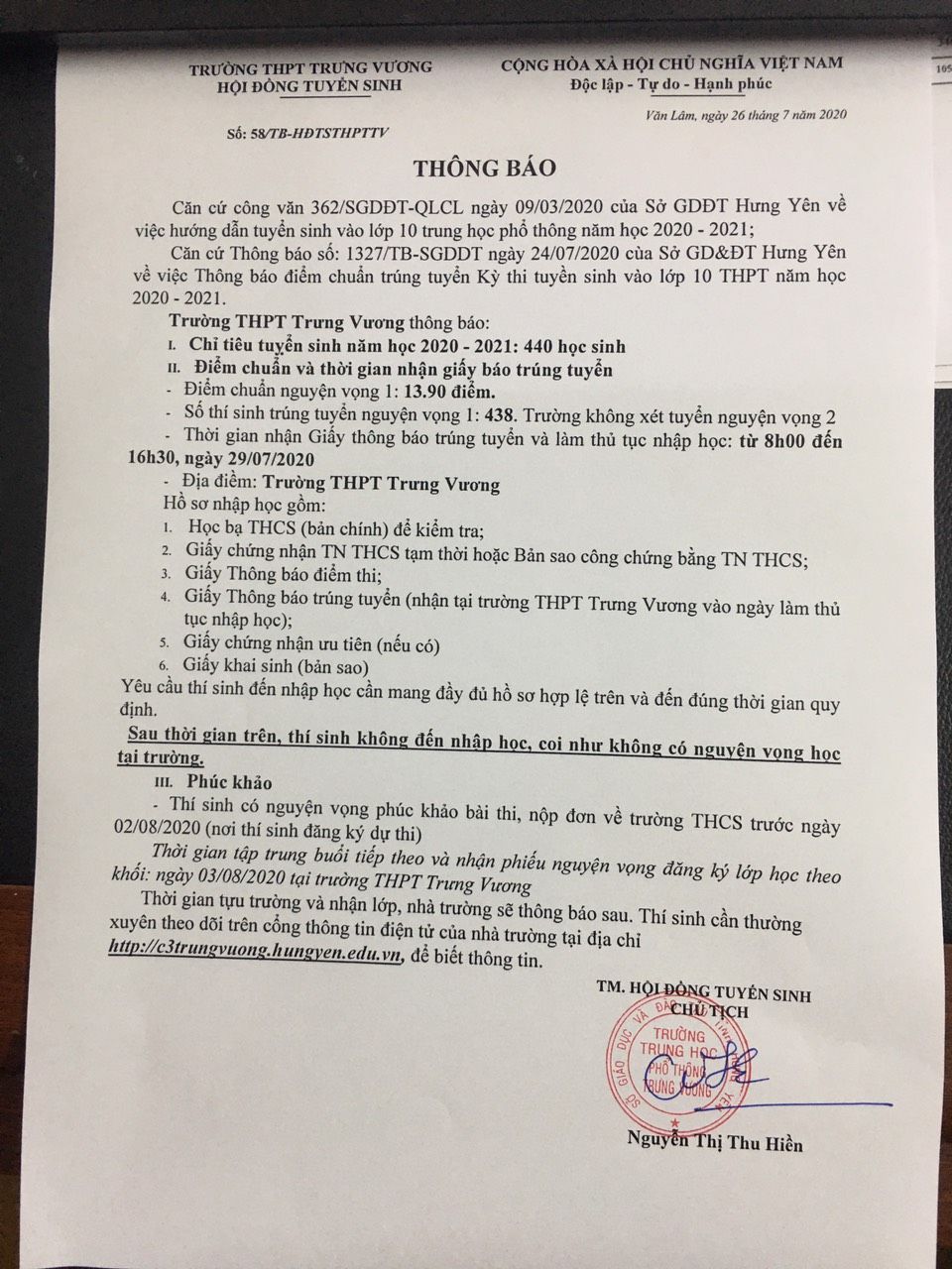 THÔNG BÁO NHẬP HỌC LỚP 10 NĂM HỌC 2020-2021