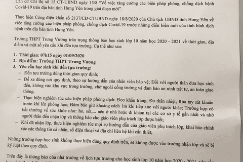 THÔNG BÁO V/V TỰU TRƯỜNG ĐỐI VỚI HỌC SINH LỚP 10 NĂM HỌC 2020-2021