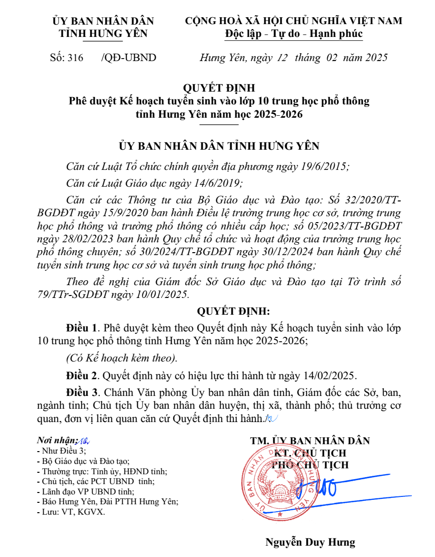 QUYẾT ĐỊNH Phê duyệt Kế hoạch tuyển sinh vào lớp 10 trung học phổ thông tỉnh Hưng Yên năm học 2025-2026